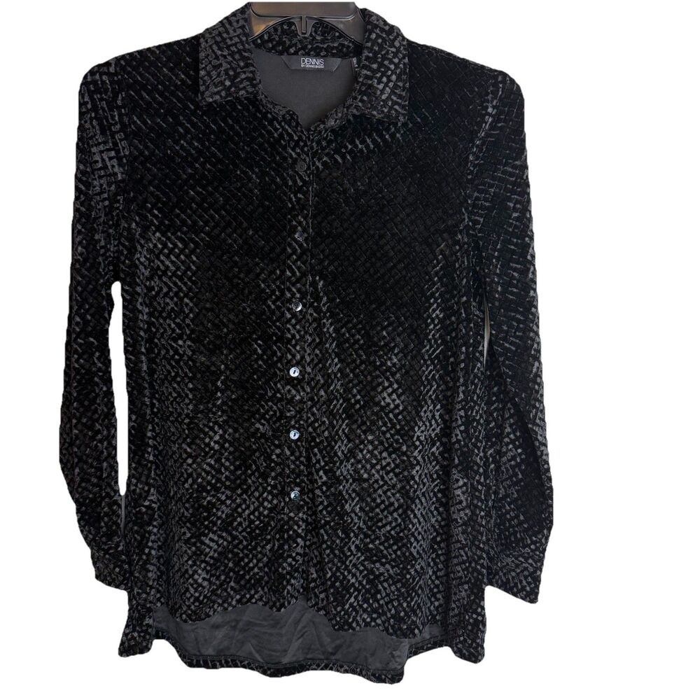 Dennis by Dennis Basso Black Velvet Button Down Textured Tunic Oversized Size XS